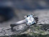 0.6Ct Cushion Cut Blue Aquamarine Solitaire Engagement Ring 14K White Gold Over