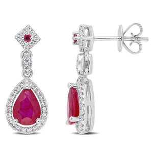 4Ct Pear Cut Pink Ruby Diamond Halo Drop Earrings Women 14K White Gold Finish