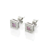 2ct Stud Earrings Princess Cut Pink Sapphire Diamond Halo 14k White Gold Finish