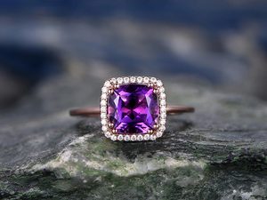 1.5ct Cushion Cut Purple Amethyst Diamond Halo Solitaire Ring 14k Rose Gold Over