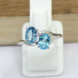 2ct Oval Cut Blue Topaz Two Stone ByPass Engagement Ring 14k White Gold Finish