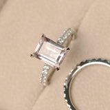 2ct Emerald Cut Peach Morganite Engagement Ring Bridal Set 14k White Gold Finish