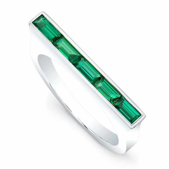 3Ct Baguette Cut Green Emerald Art Deco Engagement Ring 14K White Gold Finish