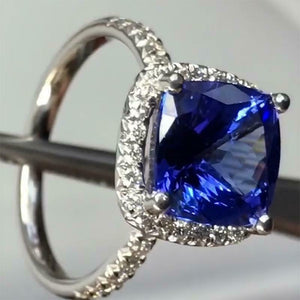 3Ct Cushion Cut Blue Sapphire Diamond Accent Halo Ring 14K White Gold Finish