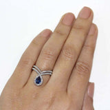 2ct Pear Blue Sapphire Engagement Ring Halo Tiara Bridal Set 14k White Gold Over