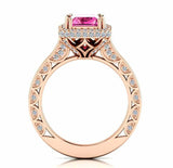 2.5ct Emerald Pink Sapphire Halo Solitaire with Accent Ring 14k Rose Gold Finish