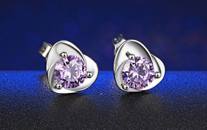 1.9ct Round Cut Purple Amethyst Heart Shape Stud Earrings 14k White Gold Finish