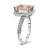 4Ct Emerald Cut Peach Morganite Halo Diamond Engagement Ring 14K White Gold Over