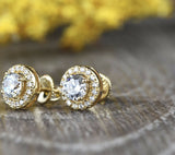 1.6ct Round Cut VVS1D Diamond Halo Screwback Stud Earrings 14k YellowGold Finish