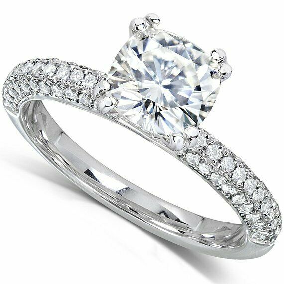 3Ct Cushion Cut Diamond Iced Shank Solitaire Engagement Ring 14K White Gold Over