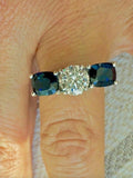 3.2ct Round Cut Diamond and Blue Sapphire Trilogy Ring 14k White Gold Finish