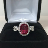 2ct Oval Cut Pink Ruby Halo Split Band Engagement Ring 14k White Gold Finish