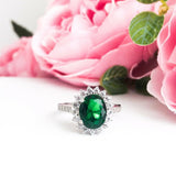 4Ct Oval Green Emerald Diamond Accent Floral Solitaire Ring 14k White Gold Over