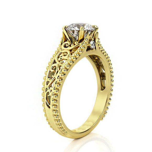 2.6ct Round Cut Diamond Engagement Ring 14k Yellow Gold Finish Art Deco Filigree