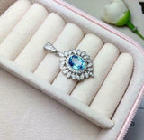 2ct Blue Topaz Pendant Oval Cut Floral Leaf Halo 14k White Gold Finish NO CHAIN