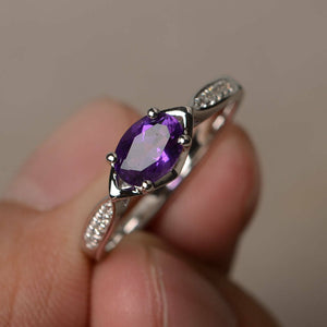 0.8ct Oval Cut Purple Amethyst Diamond Engagement Ring 14k White Gold Finish