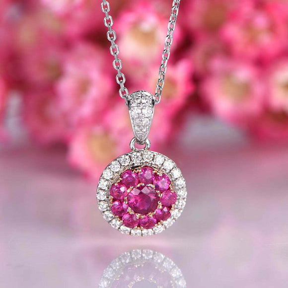 1.36ct Round Cut Pink Ruby Diamond Halo Pendant with Chain 14k Dual Gold Finish