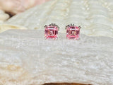 2ct Asscher Cut Simulated Pink Ruby Solitaire Stud Earrings 14k WhiteGold Plated