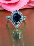 1.5ct Pear Cut Blue Sapphire Accents Halo Engagement Ring 14k White Gold Finish