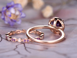 2ct Round Cut Purple Amethyst Engagement Ring Bridal Set Halo 14k Rose Gold Over