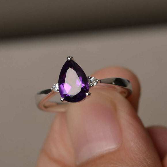 0.75ct Pear Cut Purple Amethyst Solitaire Engagement Ring 14k White Gold Finish