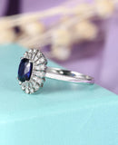 2.5ct Oval Cut Blue Sapphire Baguette Halo Engagement Ring 14k White Gold Finish