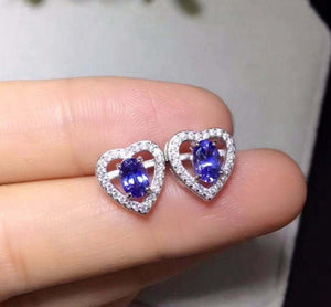 2.1ct Stud Earrings Oval Cut Tanzanite Hollow Heart Shape 14k White Gold Finish