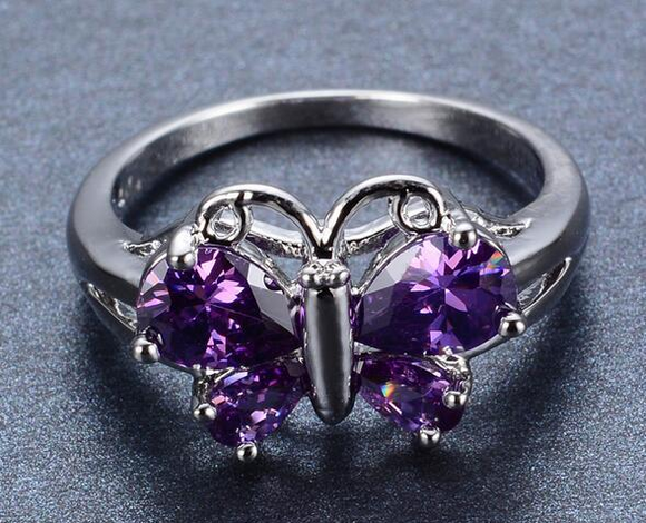 2Ct Pear Cut Purple Amethyst Butterfly Design Statement Ring 14K White Gold Over