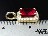 1.5ct Radiant Cut Pink Ruby Pendant Double Halo 14k Yellow Gold Finish NO CHAIN