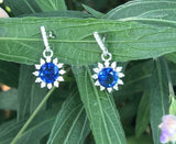 1.5ct Round Cut Blue Sapphire Diamond Floral Drop Earrings 14k White Gold Finish