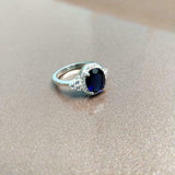 2ct Engagement Ring Oval Cut Blue Sapphire Round Accent Halo 14k White Gold Over