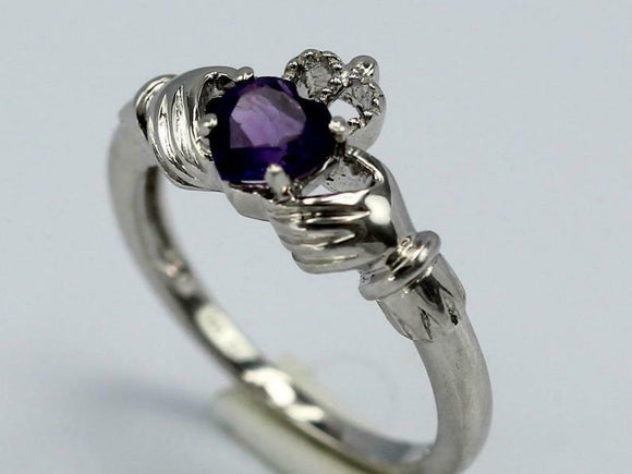 1.1ct Heart Cut Purple Amethyst Claddagh Engagement Ring 14k White Gold Finish