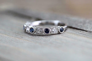 1ct Round Blue Sapphire Wedding Band 14k White Gold Over Stackable Half Eternity