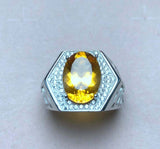 5ct Oval Cut Yellow Citrine Studded Engagement Men Ring 14k White Gold Finish