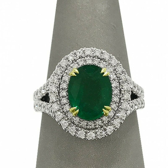 4Ct Oval Cut Green Emerald Diamond Split Band Dual Halo Ring 14K White Gold Over