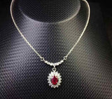 1.5ct Pink Ruby Pendant with Chain Oval Cut Diamond Floral 14k White Gold Finish