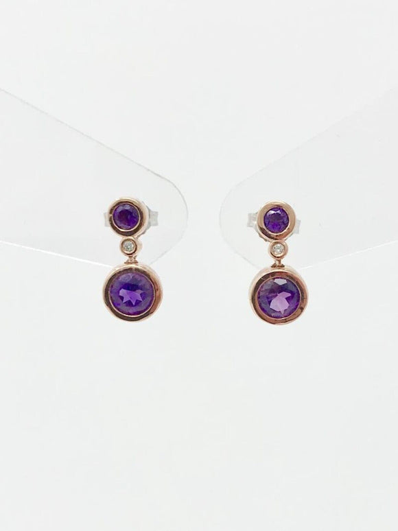 1ct Round Simulated Purple Amethyst Bezel Set Drop Earrings 14k Rose Gold Plated