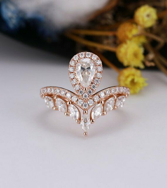 2ct Pear Cut Diamond Engagement Ring 14k Rose Gold Finish Halo V Shape Solitaire