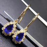 3.4ct Drop Earrings Pear Cut Blue Tanzanite Diamond Halo 14k Yellow Gold Finish