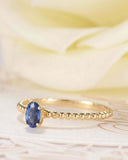 1ct Oval Blue Sapphire Bezel Set Beaded Ball Solitaire Ring 14k Yellow Gold Over