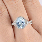 2ct Oval Cut Blue Aquamarine Halo Split Band Engagement Ring 14k White Gold Over