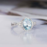 2ct Oval Cut Blue Aquamarine Halo Split Band Engagement Ring 14k White Gold Over