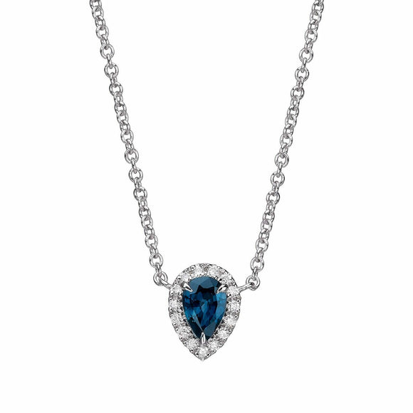 1ct London Blue Topaz Pendant Chain Pear Cut Diamond Halo 14k White Gold Finish