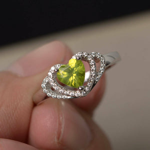 2ct Heart Cut Green Peridot Double Heart Engagement Ring 14k White Gold Finish