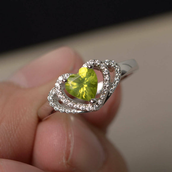 2ct Heart Cut Green Peridot Double Heart Engagement Ring 14k White Gold Finish