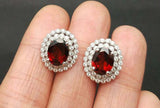 3.7ct Stud Earrings Oval Cut Red Garnet Dual Halo Milgrain 14k White Gold Finish