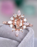 4Ct Oval Cut Peach Morganite Sunburst Halo Engagement Ring 14K Rose Gold Finish