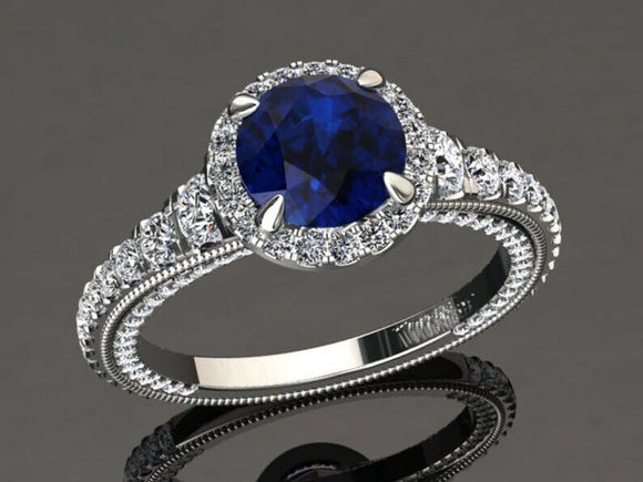 3ct Round Blue Sapphire Milgrain Accent Diamond Halo Ring 14k White Gold Finish