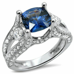 4Ct Cushion Blue Sapphire Split Band Vintage Engagement Ring 14K White Gold Over