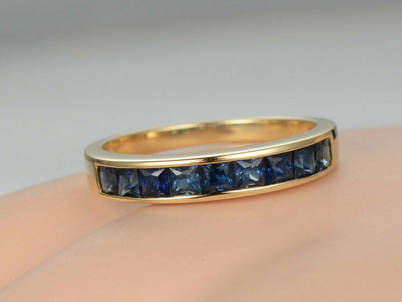 2ct Princess Blue Sapphire Channel Set Half Eternity Band 14k Yellow Gold Finish